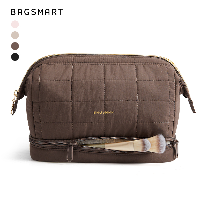 BAGSMART Double Layer Makeup Bag Wide-open Cosmetic Pouch Organizer Travel Toiletry Bag Essentials Accessories for Women Girls, Quilted Coffee