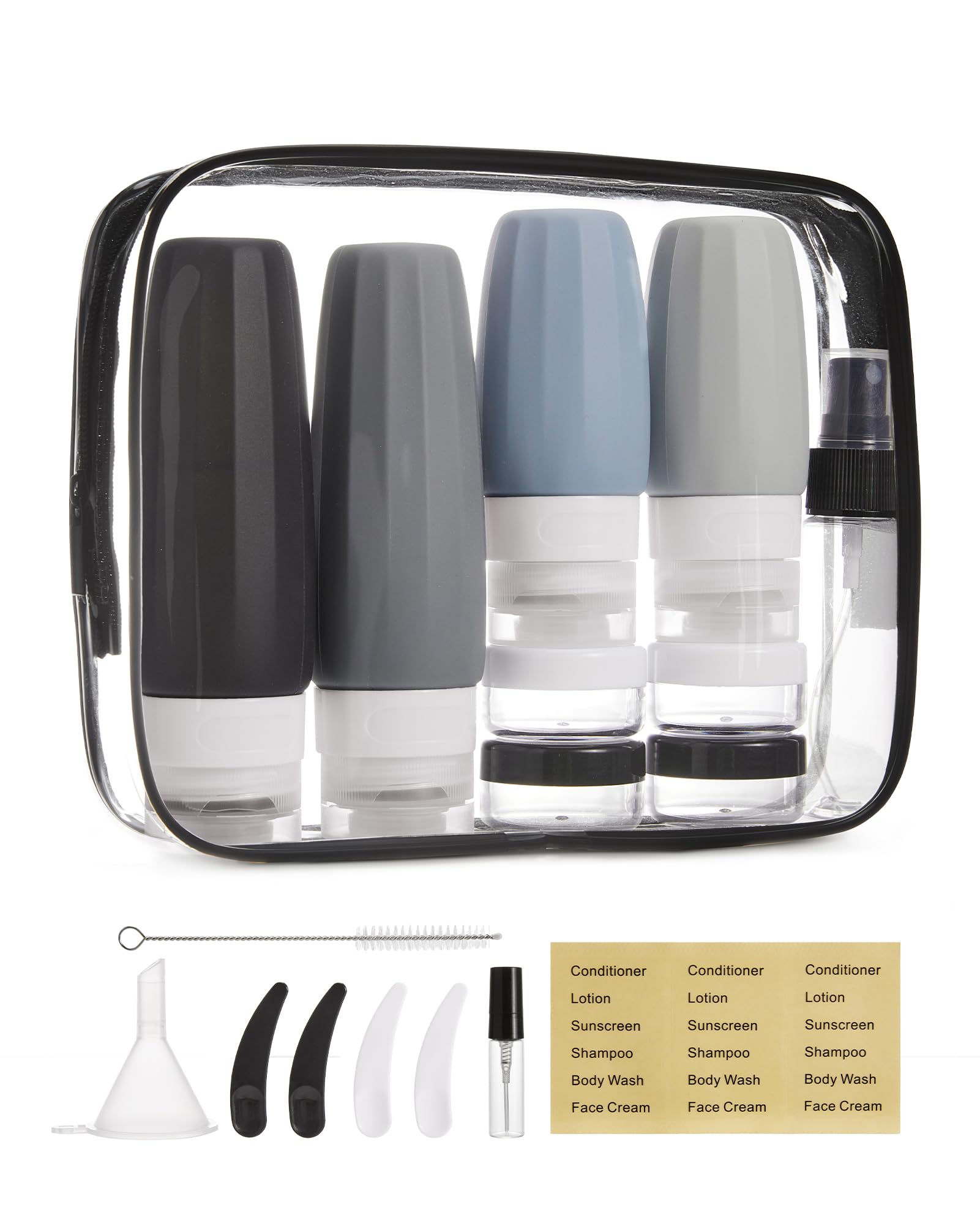 BAGSMART 18 Pack TSA Approved Travel Bottles for Toiletries, Leak Proof Silicone Travel Size Containers Bottles for Shampoo, Gray