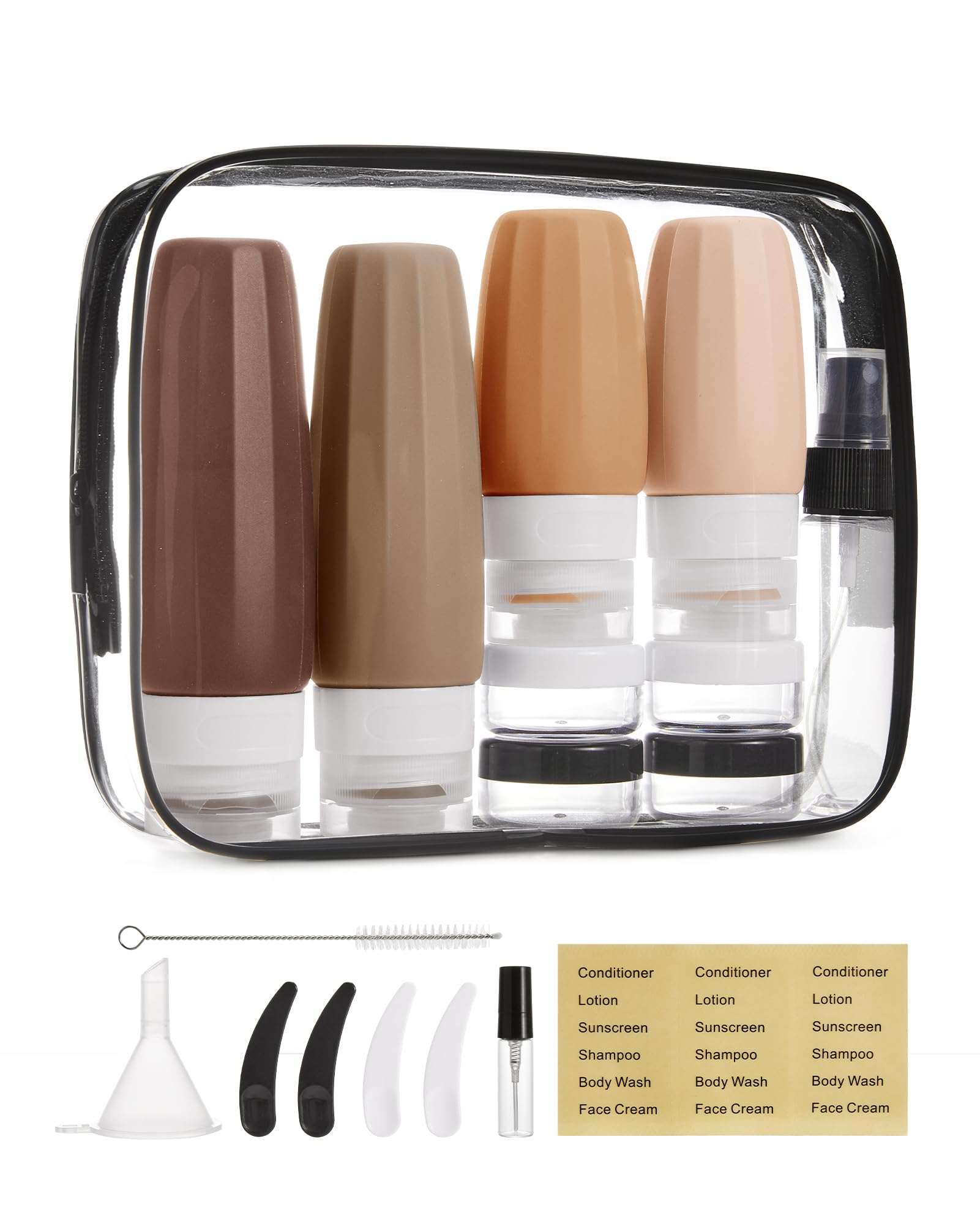 BAGSMART 18 Pack TSA Approved Travel Bottles for Toiletries, Leak Proof Silicone Travel Size Containers Bottles for Shampoo, Earth Tone