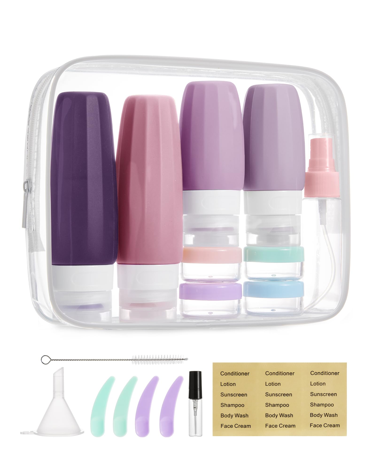 BAGSMART 18 Pack TSA Approved Travel Bottles for Toiletries, Leak Proof Silicone Travel Size Containers Bottles for Shampoo, Purple