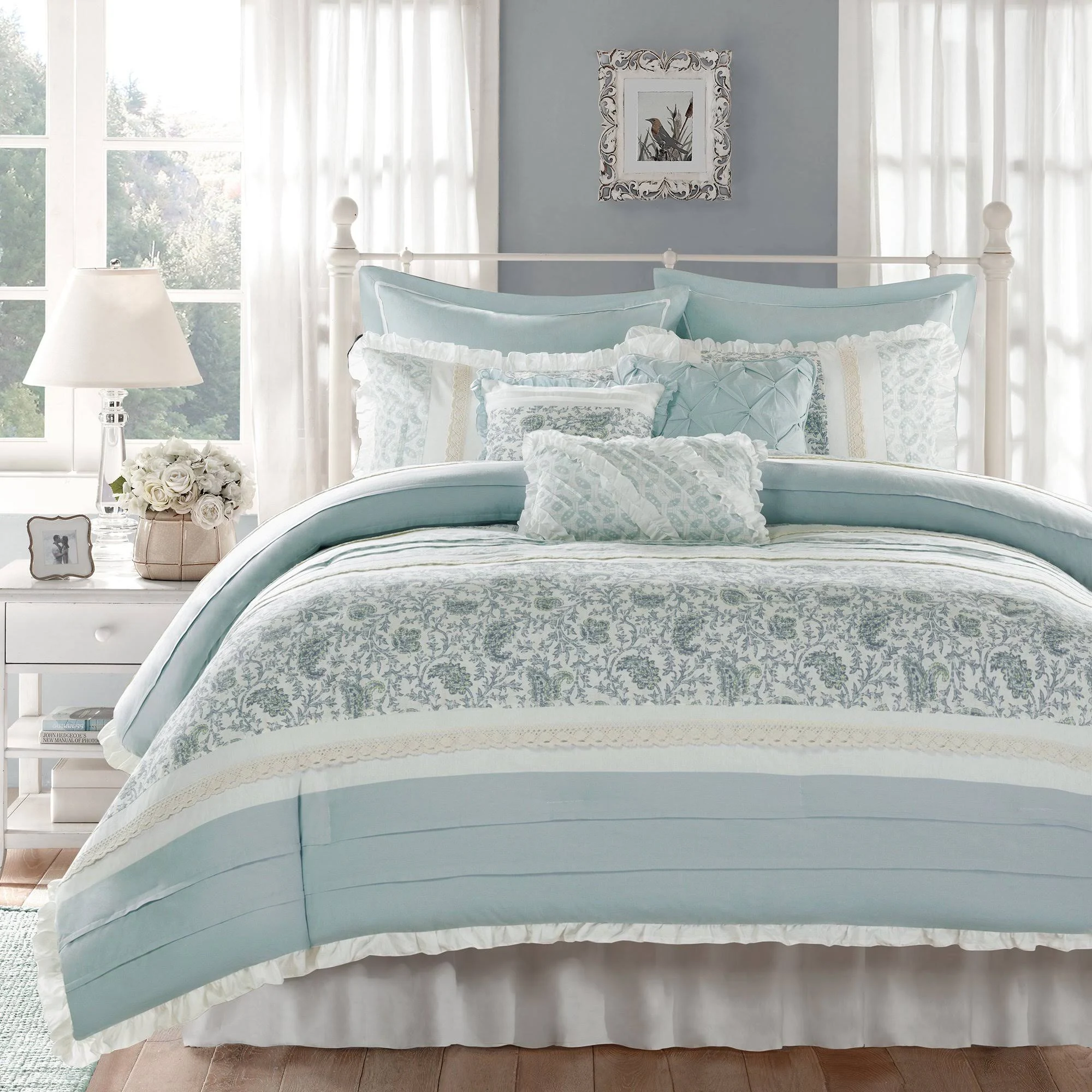 Madison Park - Dawn 9 Piece Cotton Percale Comforter Set - Blue - King