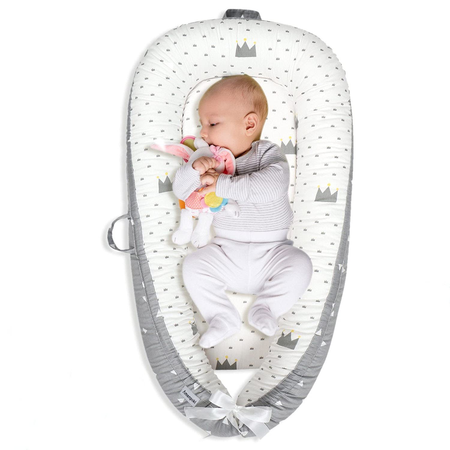 Baby Lounger Baby Nest for Baby Co-Sleeping, Amenpoki 100% Cotton Reversible Infant Lounger Bed, Soft Breathable Newborn Lounger Crib for Napping and Cosleeping, Suitable for 0-12 Months Infant