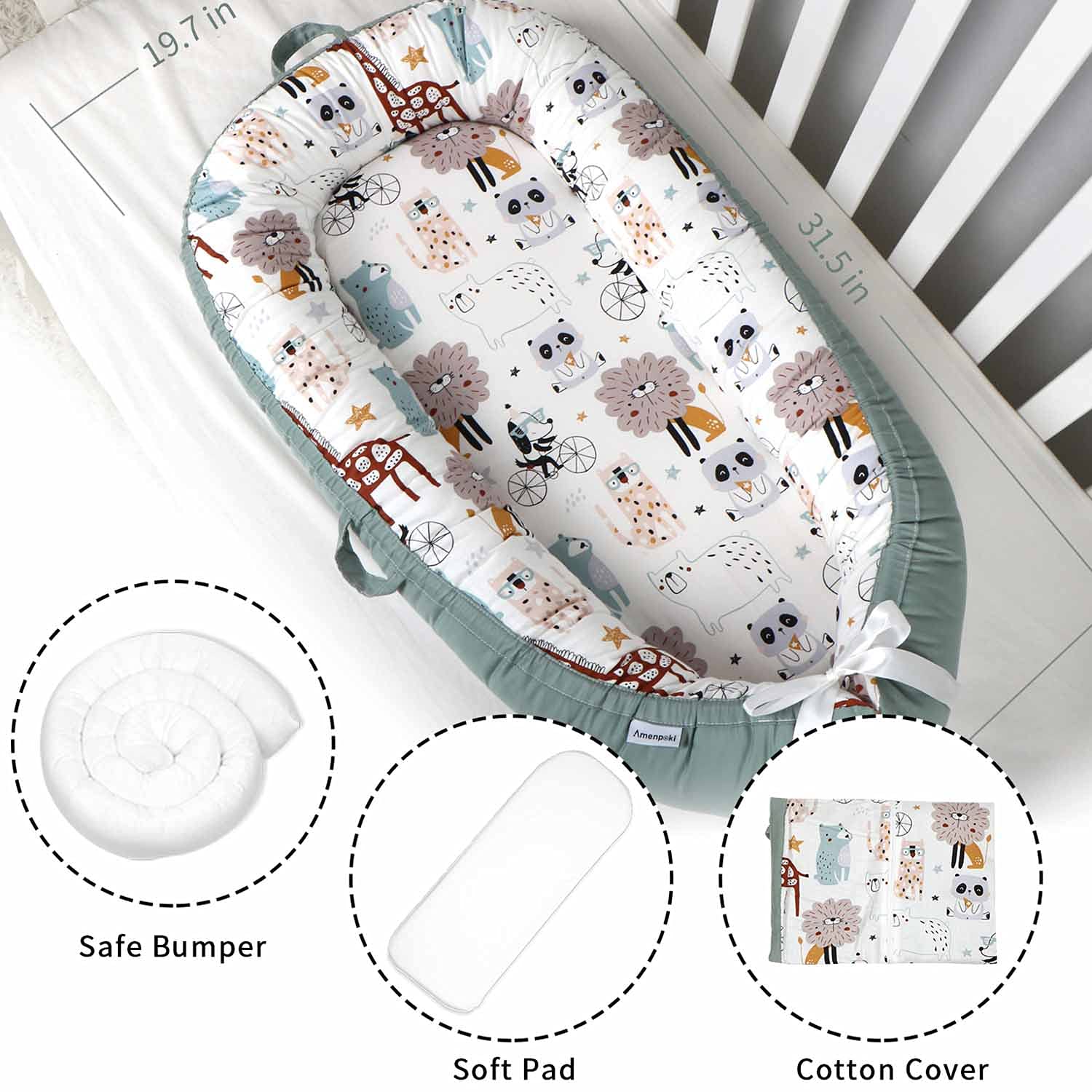 Baby Lounger Baby Nest for Baby Co-Sleeping, Amenpoki 100% Cotton Reversible Infant Lounger Bed, Soft Breathable Newborn Lounger Crib for Napping and Cosleeping, Suitable for 0-12 Months Infant