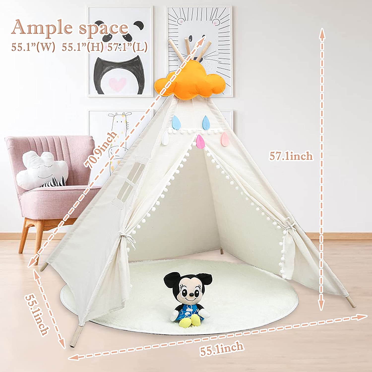 ZOCONE Teepee Tent for Kids, Portable Cotton-Linen Kid Tent with Drawstring Bag/Star Lights, Teepee for Girls & Boys Indoor & Outdoor Play Tent Camping Tent (Pole Length 63.0