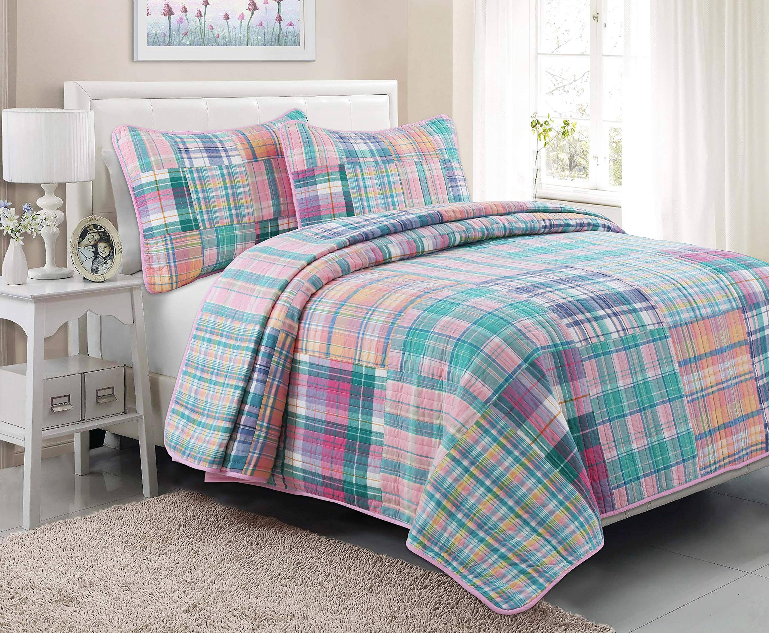 Cozy Line Home Fashions Spring Fling Tartan Plaid Square Patchwork 2-Piece Pink Blue Green Cotton Twin Quilt Bedding Set, Pink/B