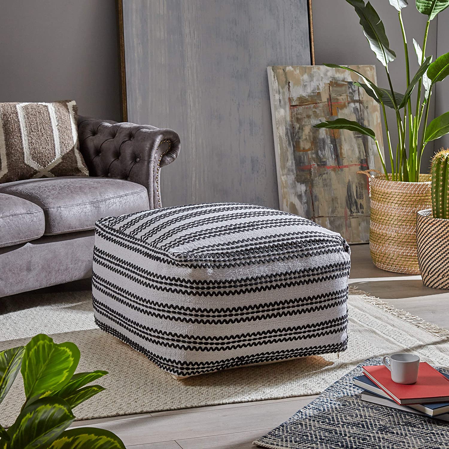 Christopher Knight Home Lillian Large Square Casual Pouf, Contemporary, Black and Natural Cotton