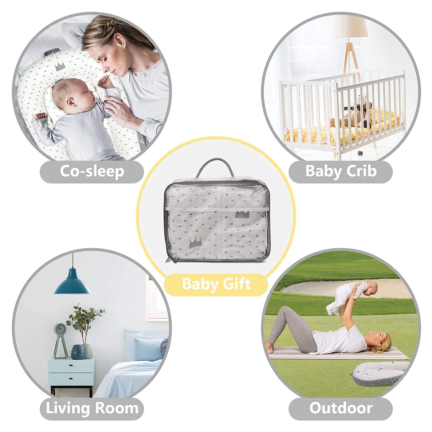 Baby Lounger Baby Nest for Baby Co-Sleeping, Amenpoki 100% Cotton Reversible Infant Lounger Bed, Soft Breathable Newborn Lounger Crib for Napping and Cosleeping, Suitable for 0-12 Months Infant