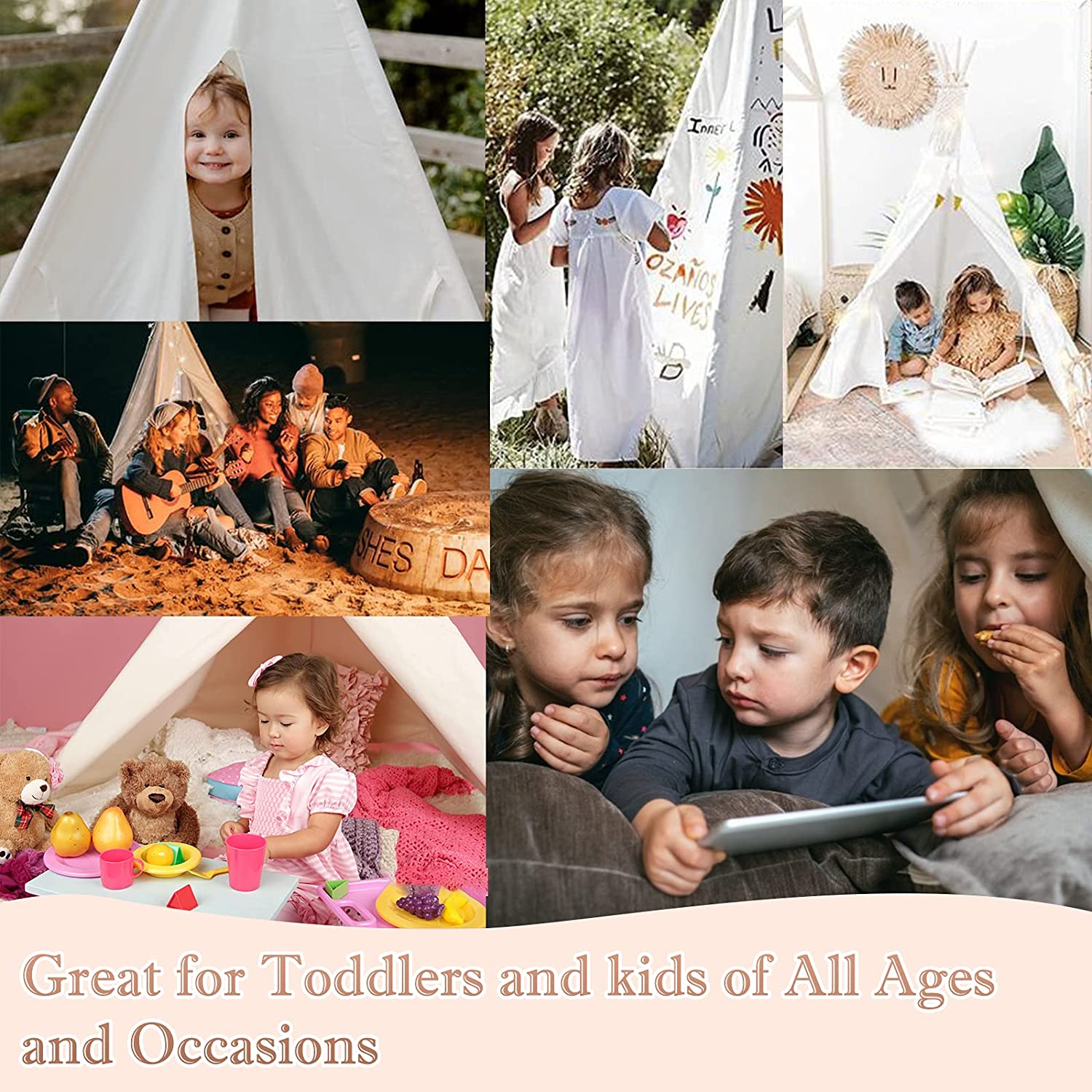 ZOCONE Teepee Tent for Kids, Portable Cotton-Linen Kid Tent with Drawstring Bag/Star Lights, Teepee for Girls & Boys Indoor & Outdoor Play Tent Camping Tent (Pole Length 63.0