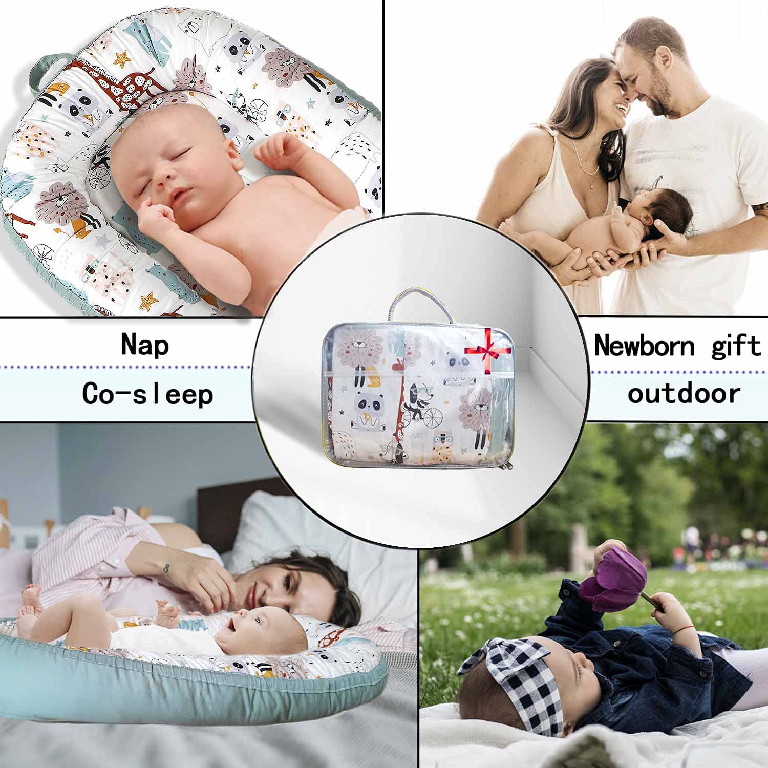 Baby Lounger Baby Nest for Baby Co-Sleeping, Amenpoki 100% Cotton Reversible Infant Lounger Bed, Soft Breathable Newborn Lounger Crib for Napping and Cosleeping, Suitable for 0-12 Months Infant