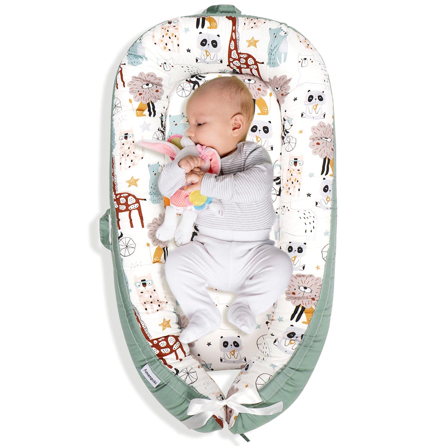 Baby Lounger Baby Nest for Baby Co-Sleeping, Amenpoki 100% Cotton Reversible Infant Lounger Bed, Soft Breathable Newborn Lounger Crib for Napping and Cosleeping, Suitable for 0-12 Months Infant