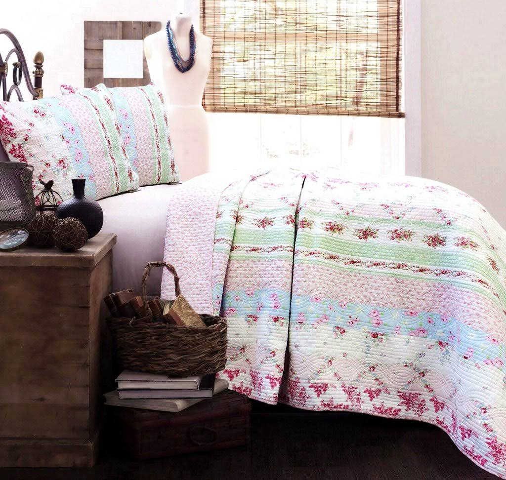 Pink Blue Rose Floral Shabby Chic 3-Pc King Quilt Set Cotton Patchwork