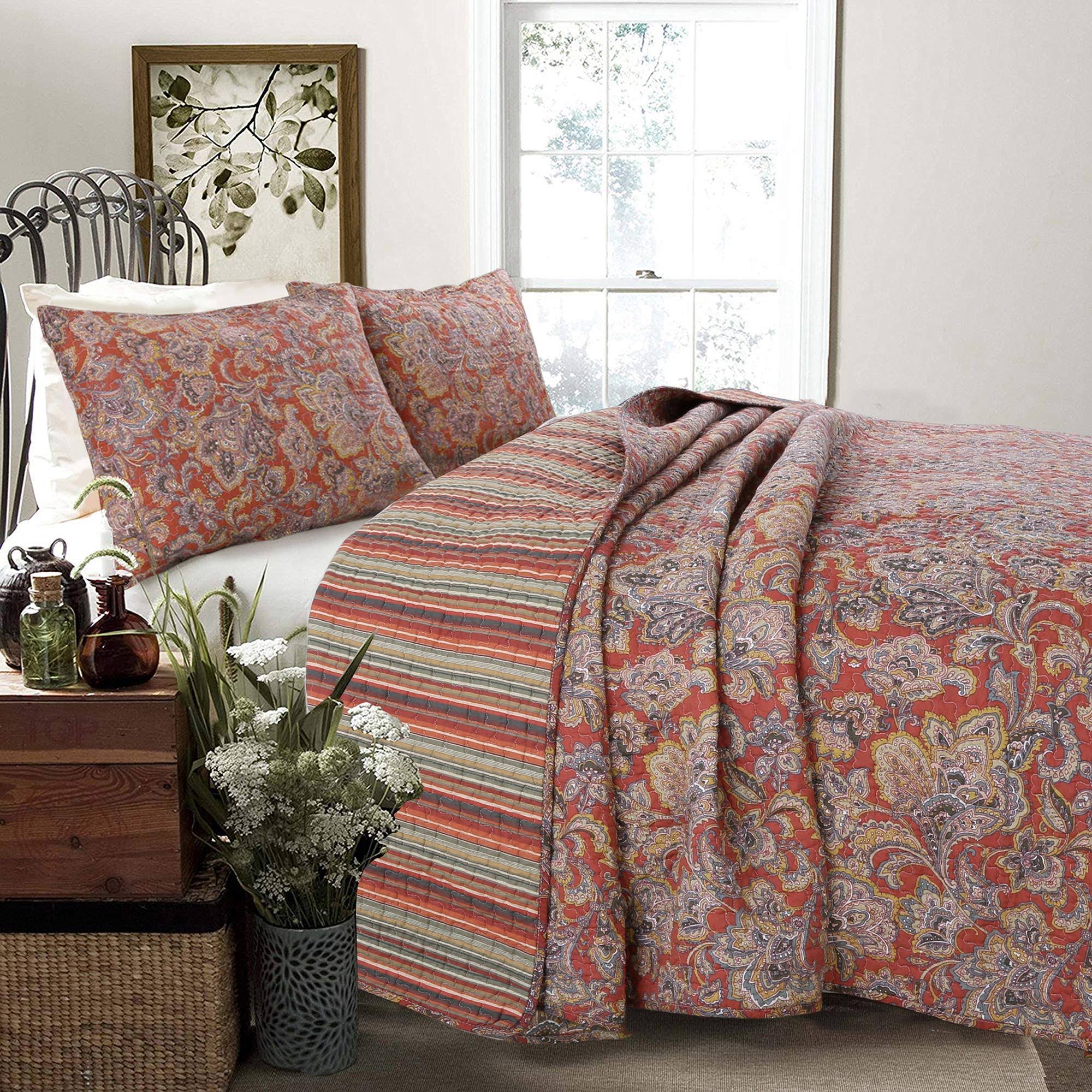 Cozy Line Home Fashions Red Orange Vintage Printed Reversible 100% Cotton 3-Piece Quilt Bedding Set, Coverlet(Lara Spice Paisley