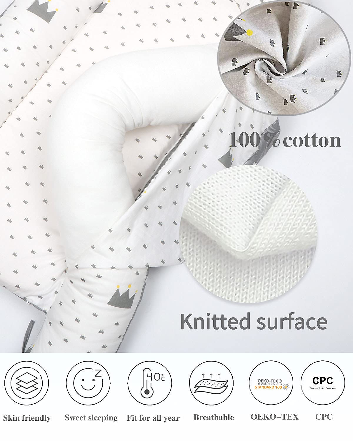 Baby Lounger Baby Nest for Baby Co-Sleeping, Amenpoki 100% Cotton Reversible Infant Lounger Bed, Soft Breathable Newborn Lounger Crib for Napping and Cosleeping, Suitable for 0-12 Months Infant