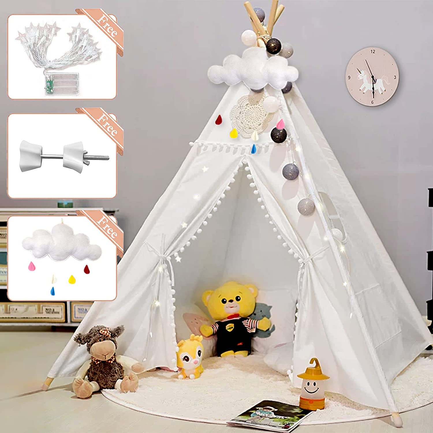 ZOCONE Teepee Tent for Kids, Portable Cotton-Linen Kid Tent with Drawstring Bag/Star Lights, Teepee for Girls & Boys Indoor & Outdoor Play Tent Camping Tent (Pole Length 63.0