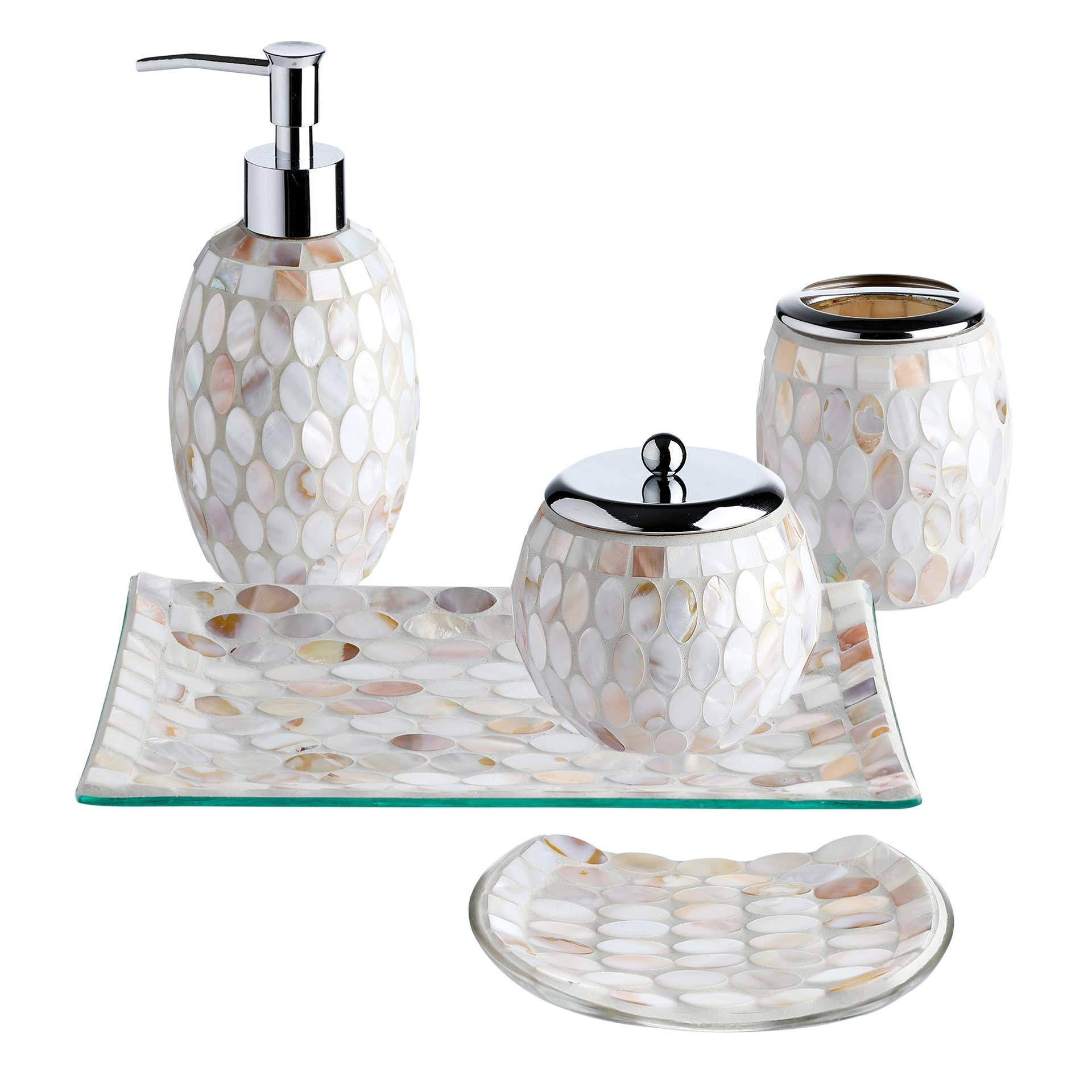 Whole Housewares 5Pieces Bathroom Accessories Set Bathroom Soap Dispenser Set Mosaic Glass Bath EnsembleLotion DispenserToothbrush HolderCotton