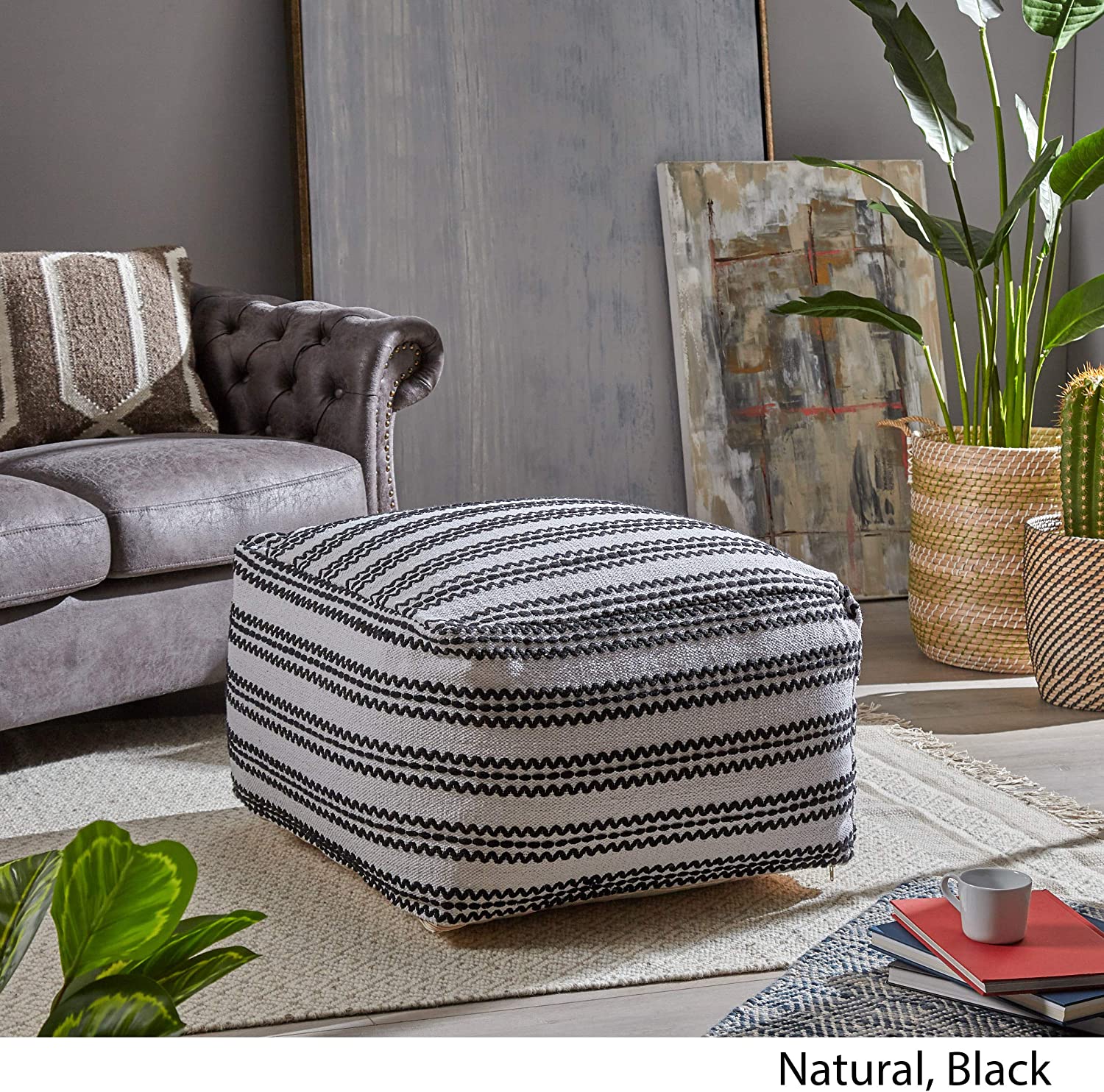 Christopher Knight Home Lillian Large Square Casual Pouf, Contemporary, Black and Natural Cotton