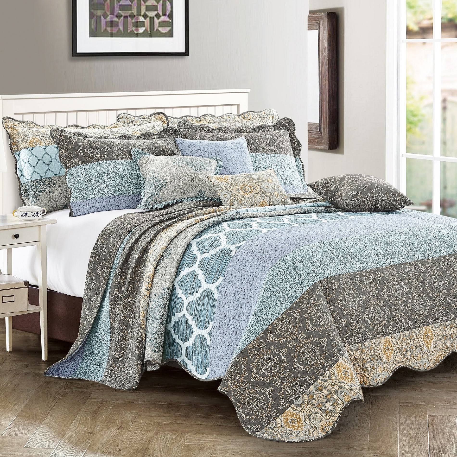 Serenta 9 Piece Printed Striped Cotton Blend Bedspread Coverlet Set - - Black