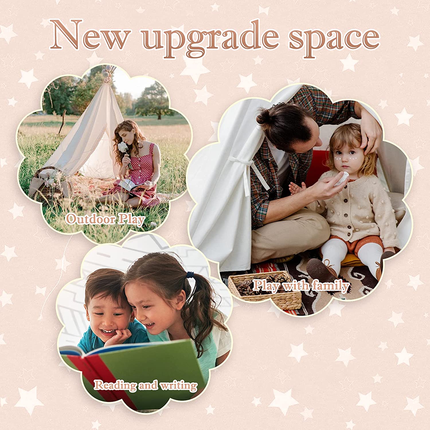 ZOCONE Teepee Tent for Kids, Portable Cotton-Linen Kid Tent with Drawstring Bag/Star Lights, Teepee for Girls & Boys Indoor & Outdoor Play Tent Camping Tent (Pole Length 63.0