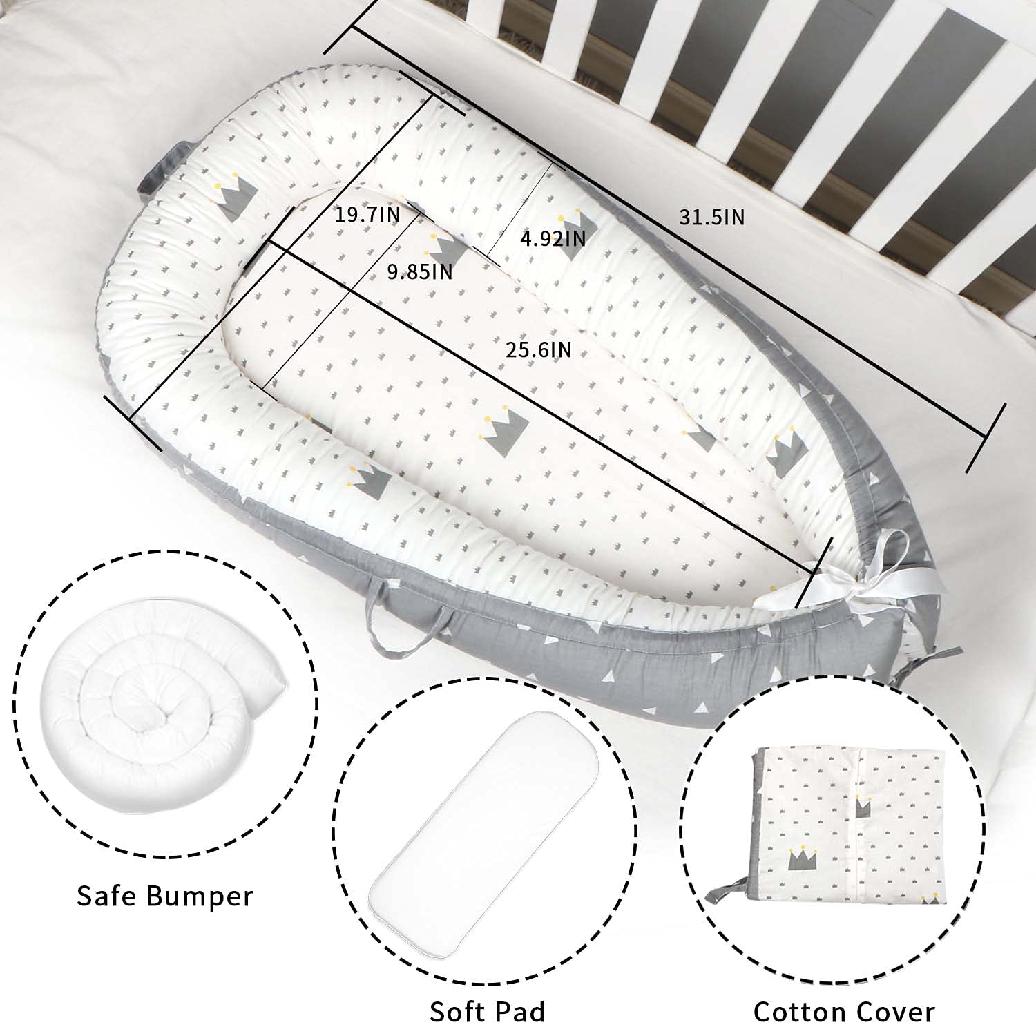 Baby Lounger Baby Nest for Baby Co-Sleeping, Amenpoki 100% Cotton Reversible Infant Lounger Bed, Soft Breathable Newborn Lounger Crib for Napping and Cosleeping, Suitable for 0-12 Months Infant
