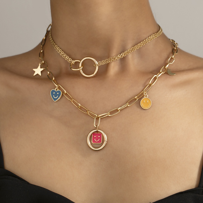 Creative Square Smiley Face Necklace Stylish Stitching Star And Moon Multilayer Necklace Jewelry