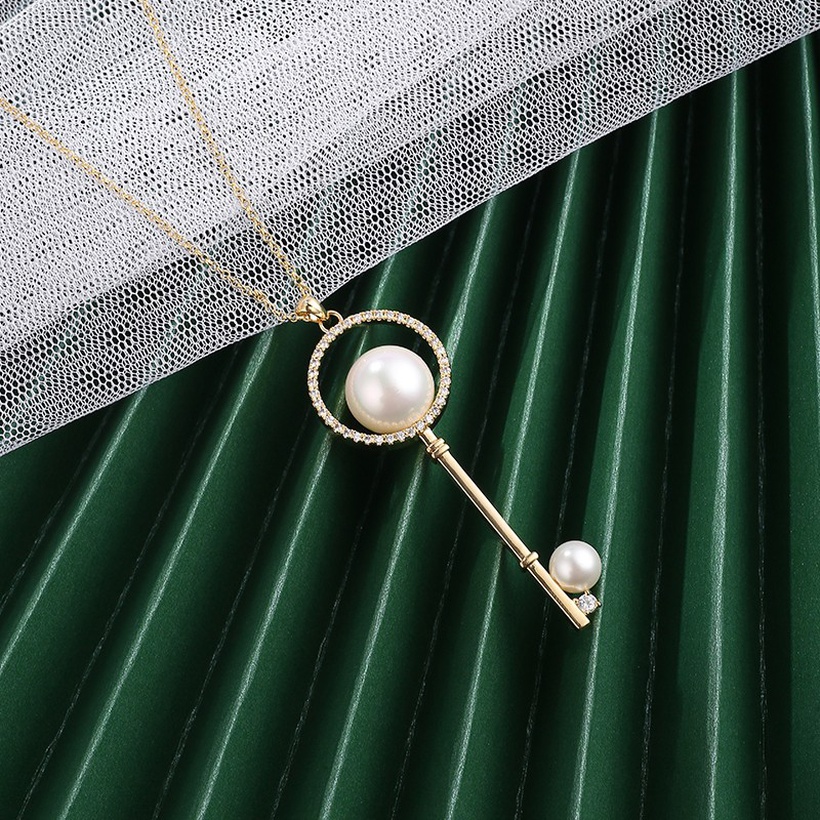 Microinlaid Zircon Pearl Key Shape Long Sweater Chain Necklace Jewelry