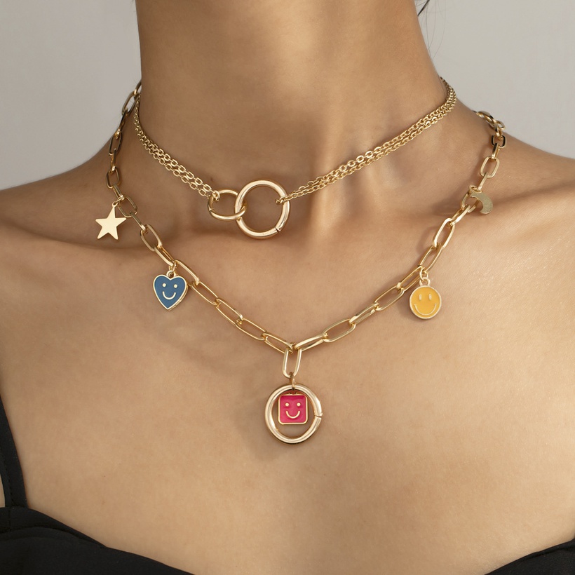 Creative Square Smiley Face Necklace Stylish Stitching Star And Moon Multilayer Necklace Jewelry