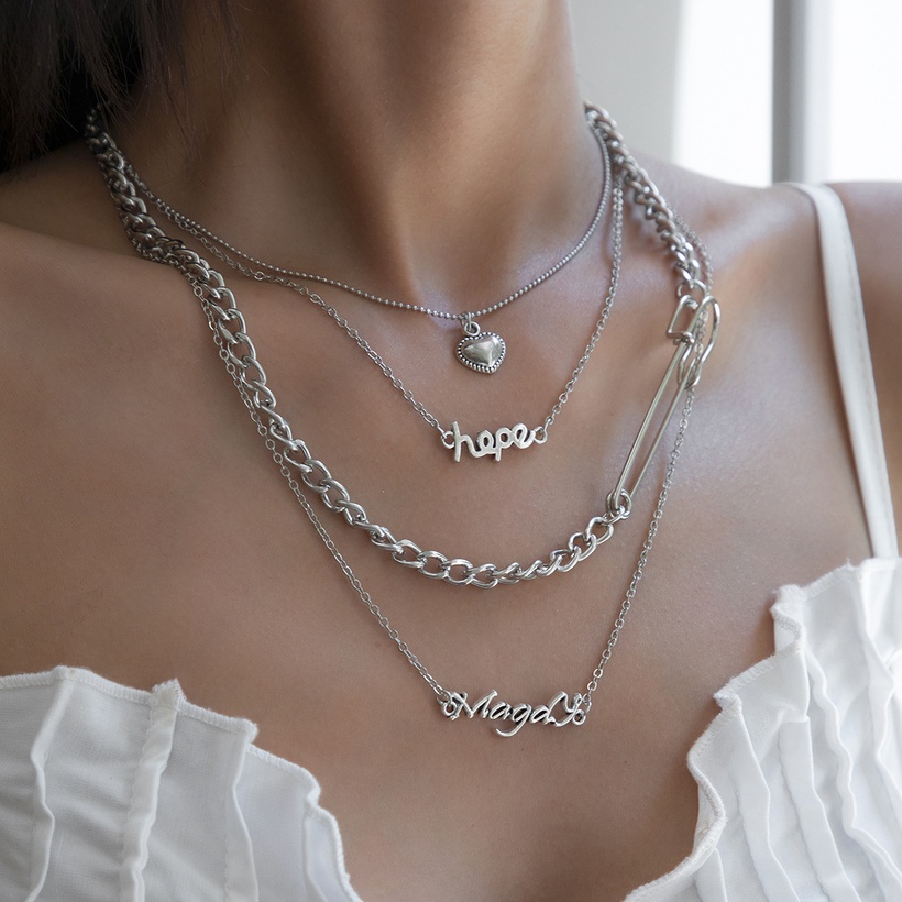 Hiphop Letter Hollow Heart Pendent Multilayer Metal Necklace