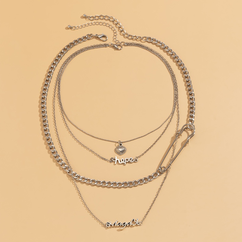 Hiphop Letter Hollow Heart Pendent Multilayer Metal Necklace