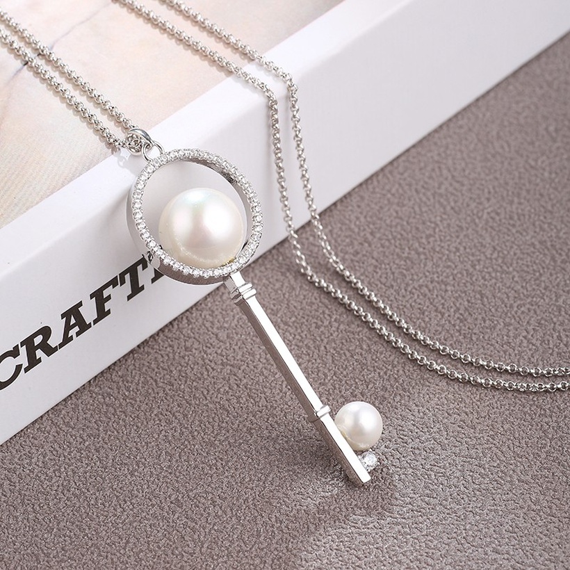 Microinlaid Zircon Pearl Key Shape Long Sweater Chain Necklace Jewelry