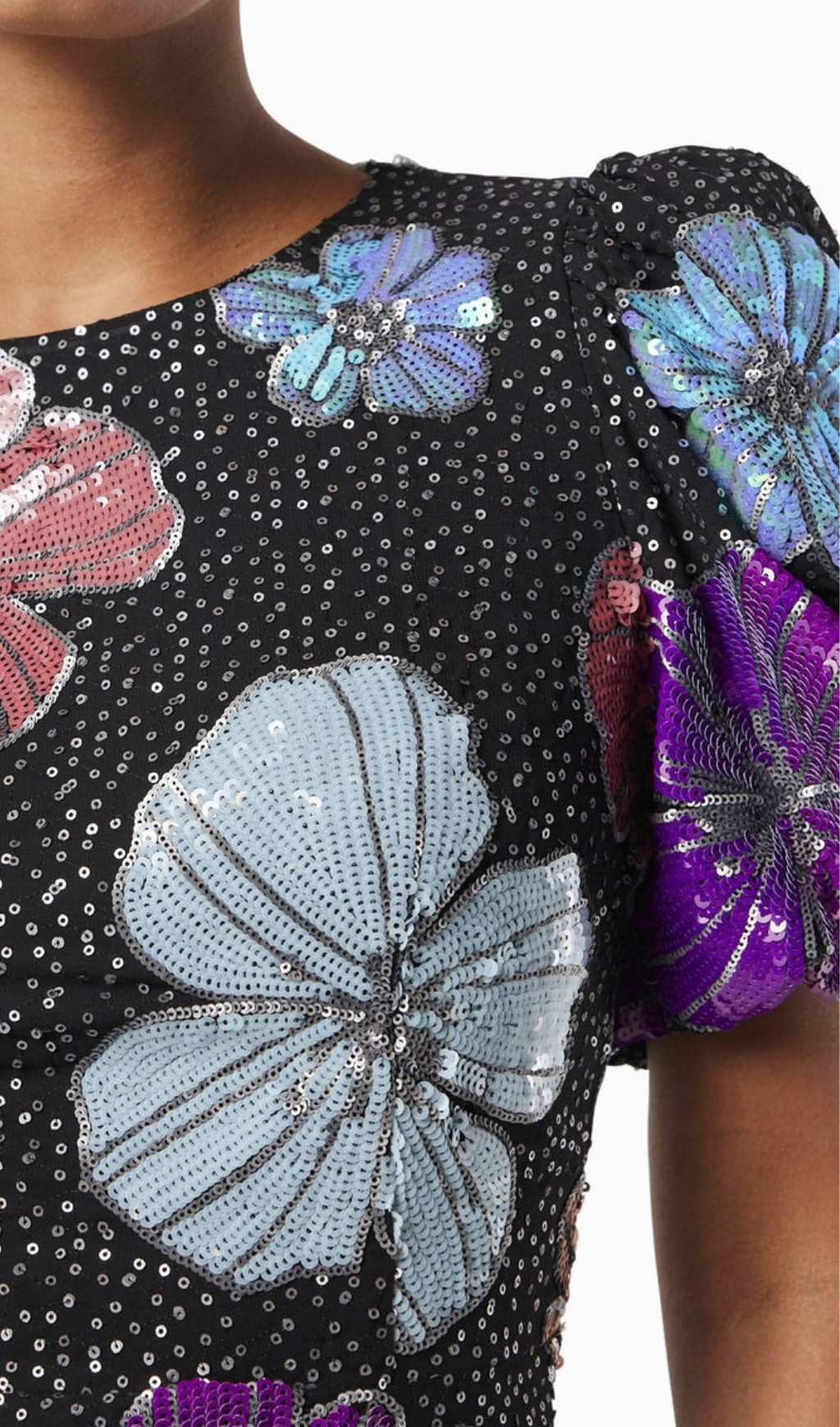 EMBELLISHED PUFF SLEEVE FLOWER MINI DRESS