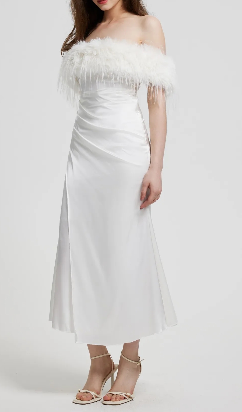 Feather Slip Dress in white