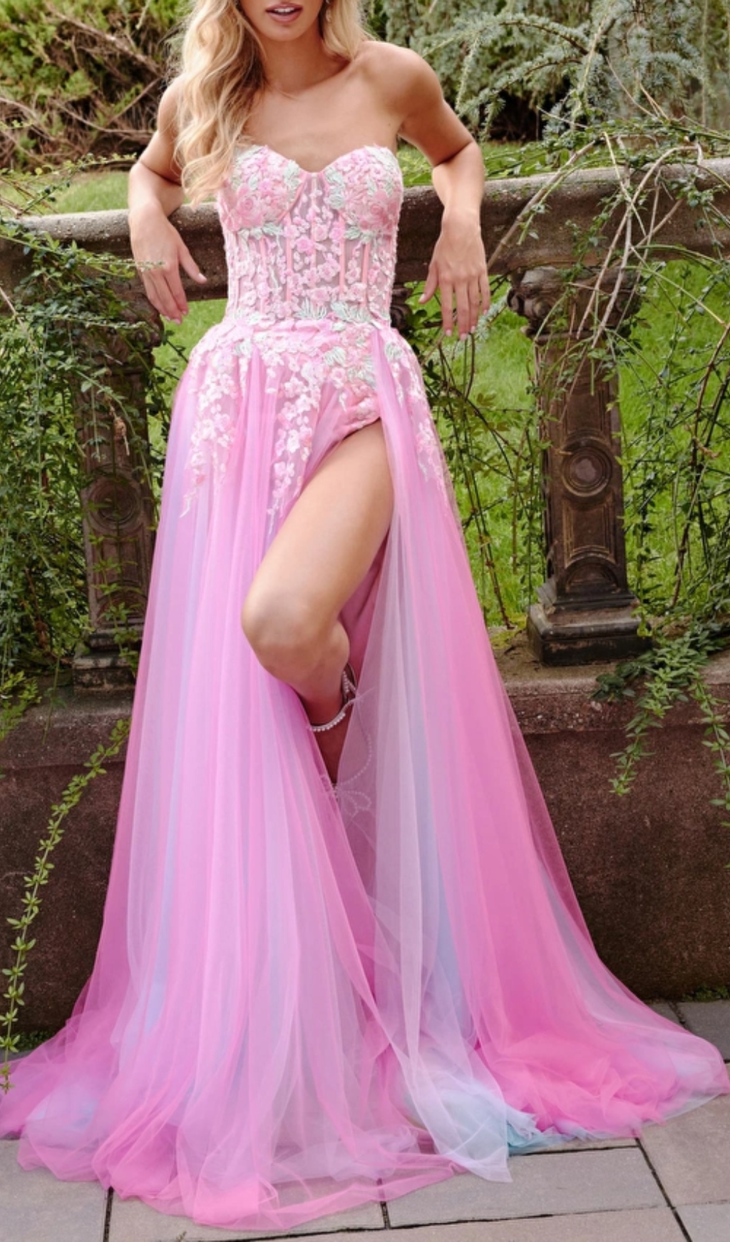 Pink Multi Strapless Embellished A Line Gown