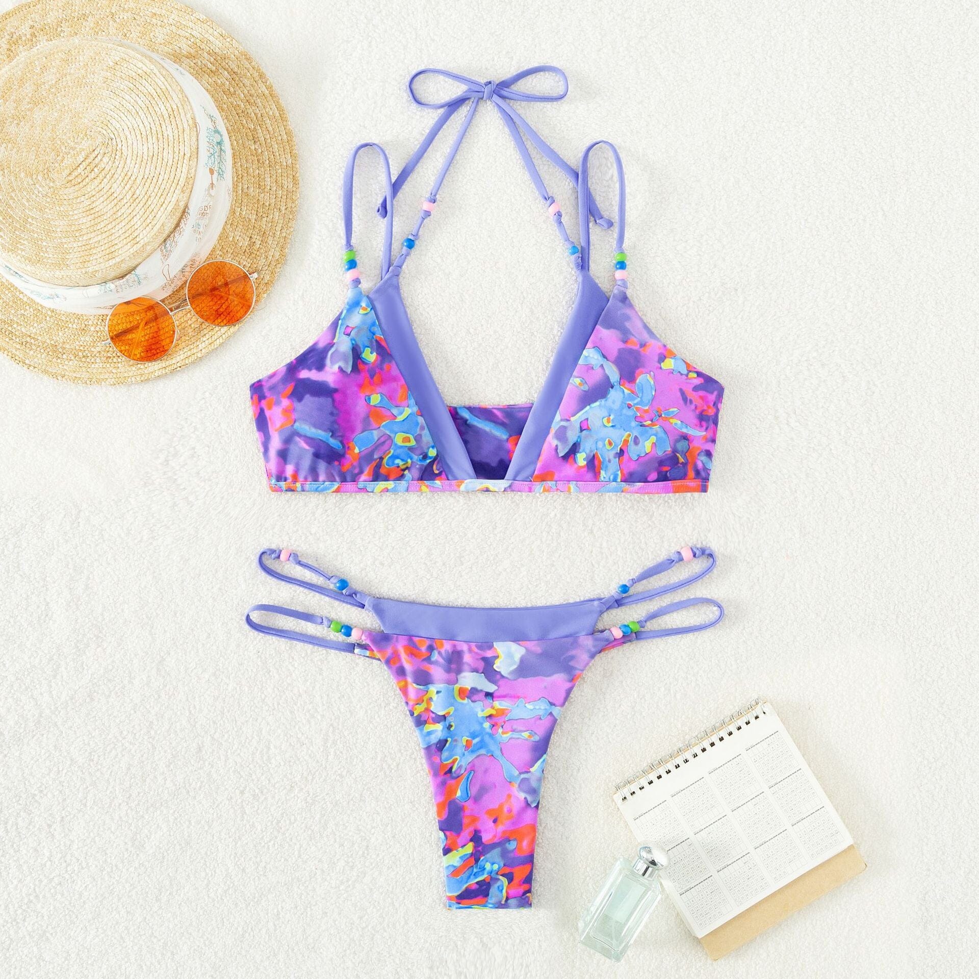BEADED TRIANGLE THONG BIKINI SUIT IN PURPLE PRINT