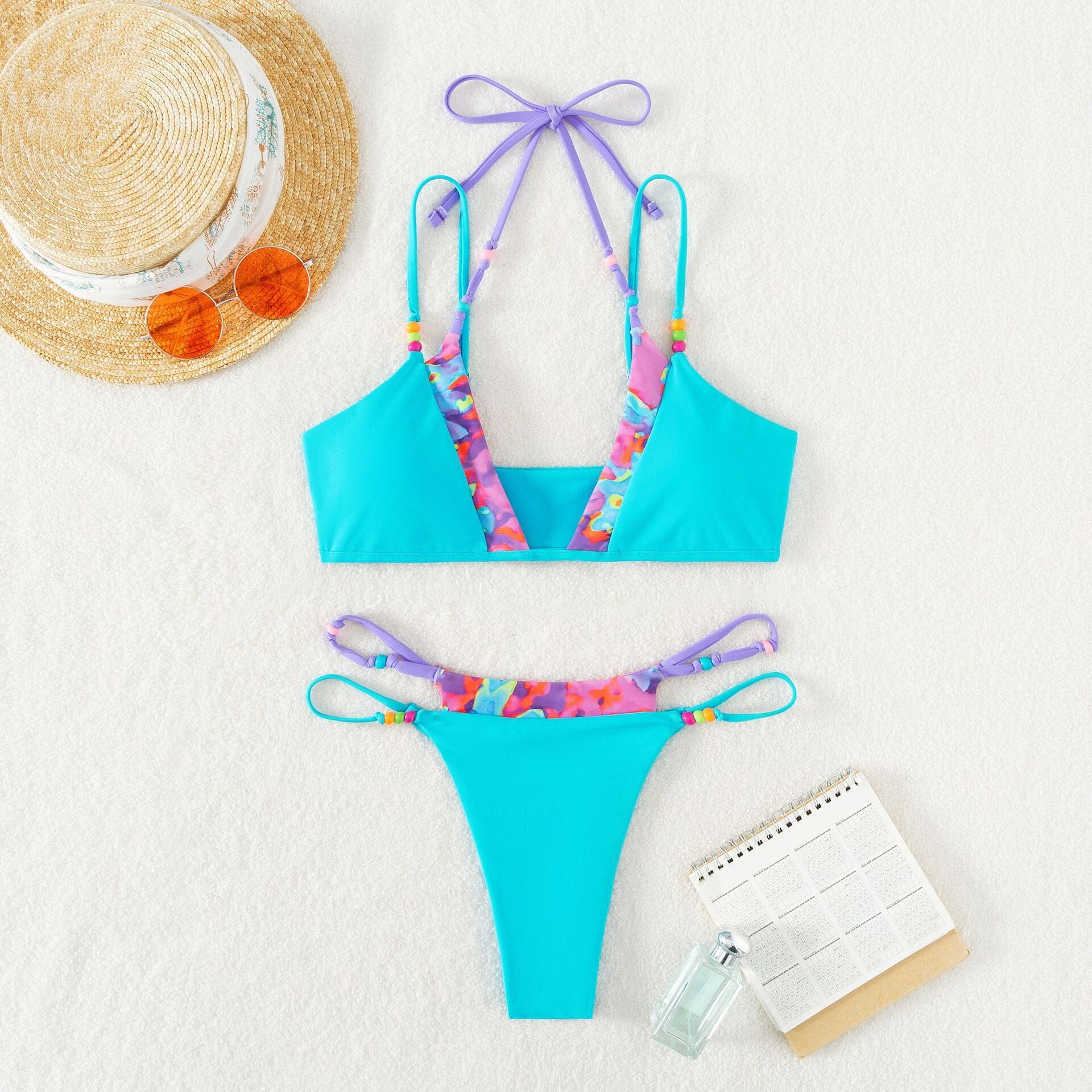 BEADED TRIANGLE THONG BIKINI SUIT IN BLUE