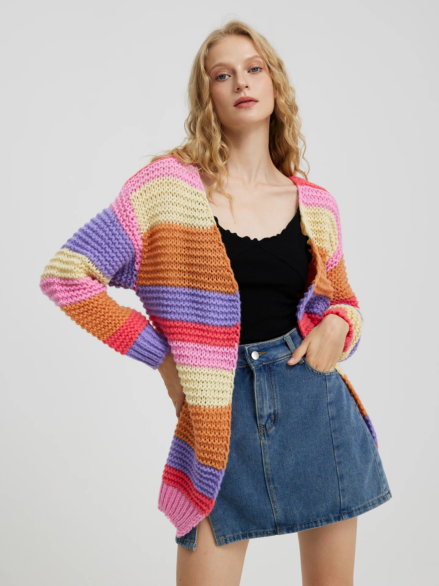 Rainbow Striped Crochet Cardigan in Multicolor
