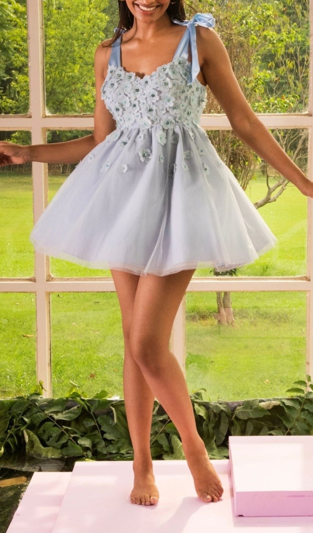 BABY BLUE 3-D FLOWER EMBROIDERED CORSET DRESS