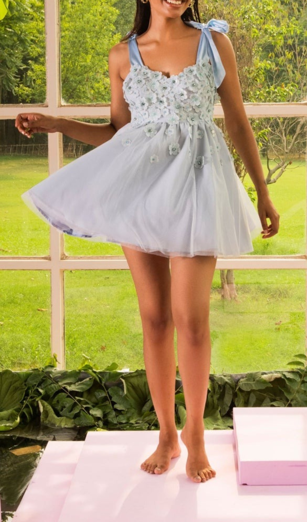 BABY BLUE 3-D FLOWER EMBROIDERED CORSET DRESS