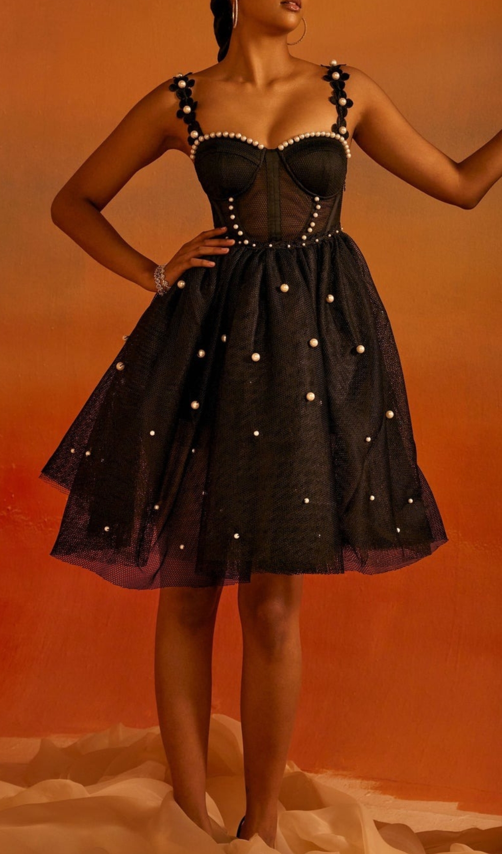 BLACK MESH + PEARL HAND EMBROIDERED BUSTIER DRESS