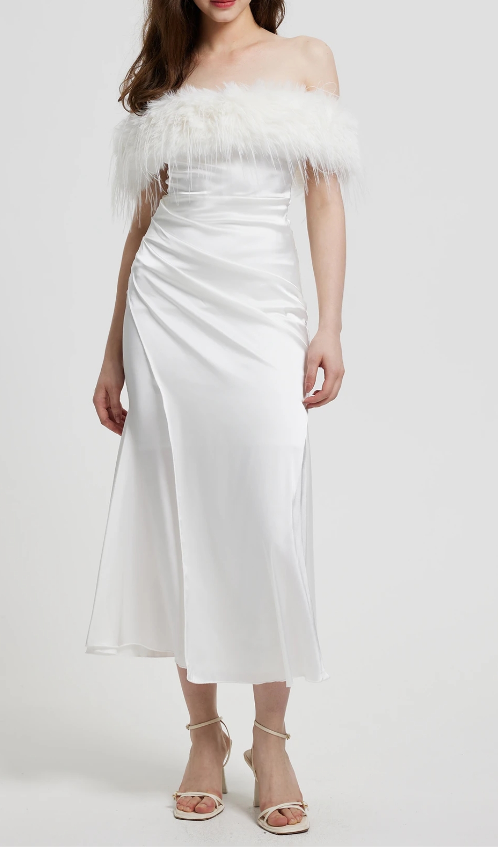 Feather Slip Dress in white