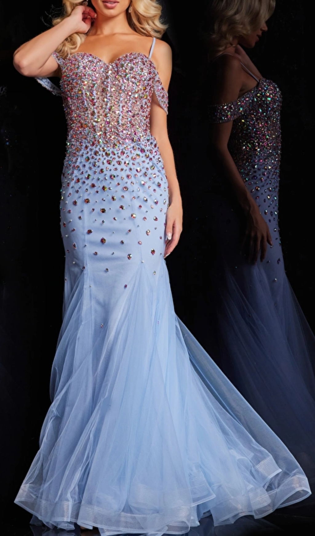 Light Blue Mermaid Long Beaded Dress