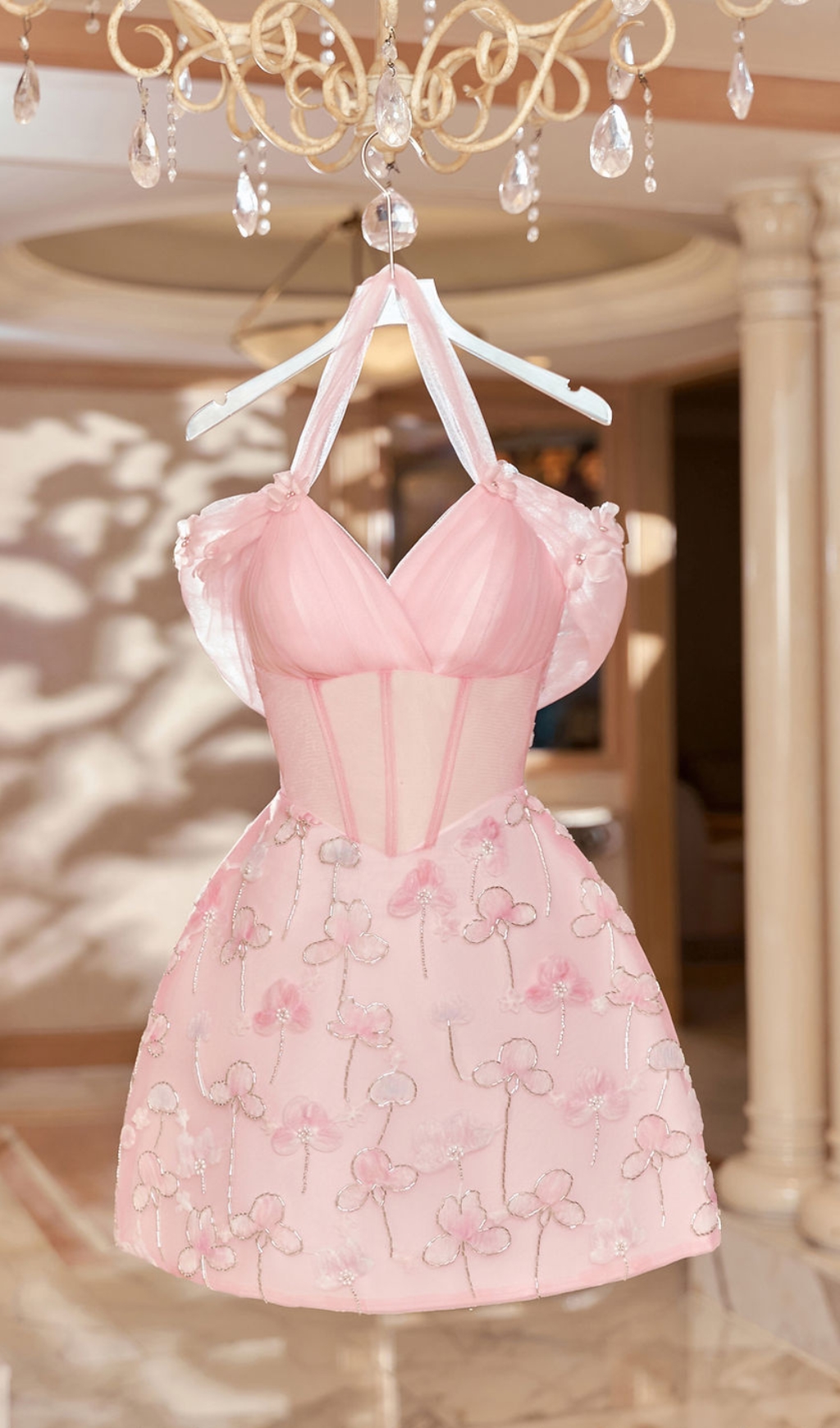 FLOWER JACQUARD HALTER MINI DRESS IN PINK