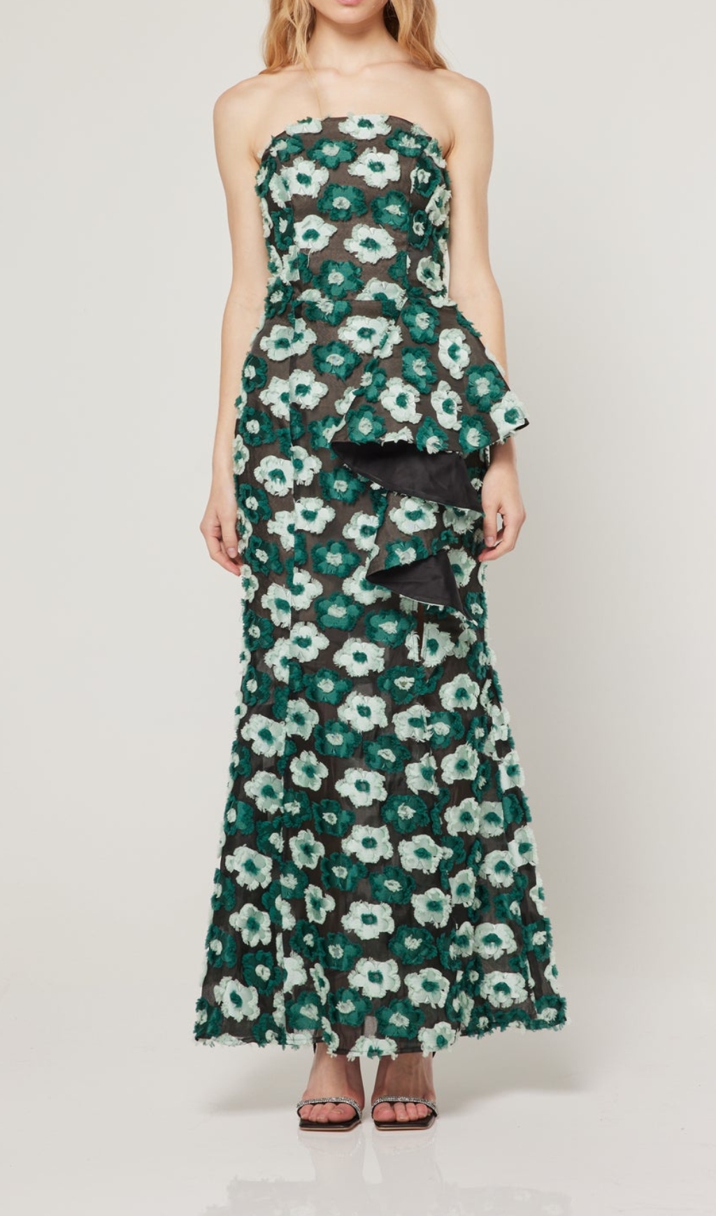GREEN STRAPLESS FLOWER MAXI DRESS