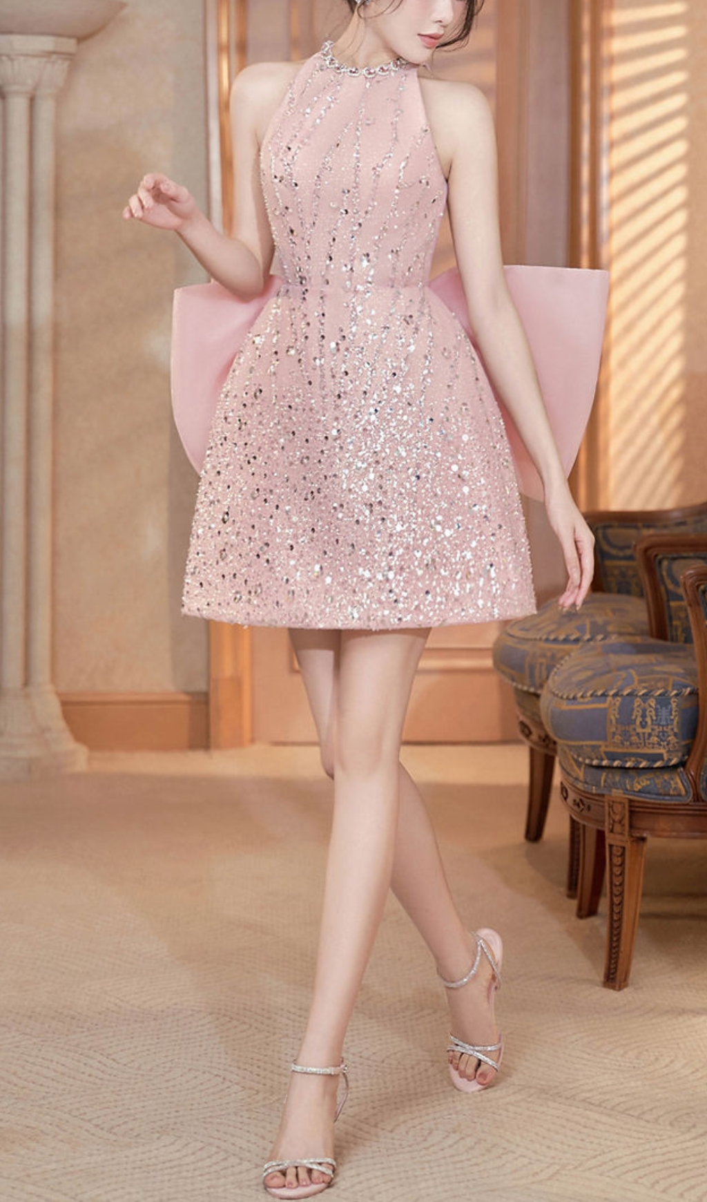 PINK BOW CRYSTAL MINI DRESS