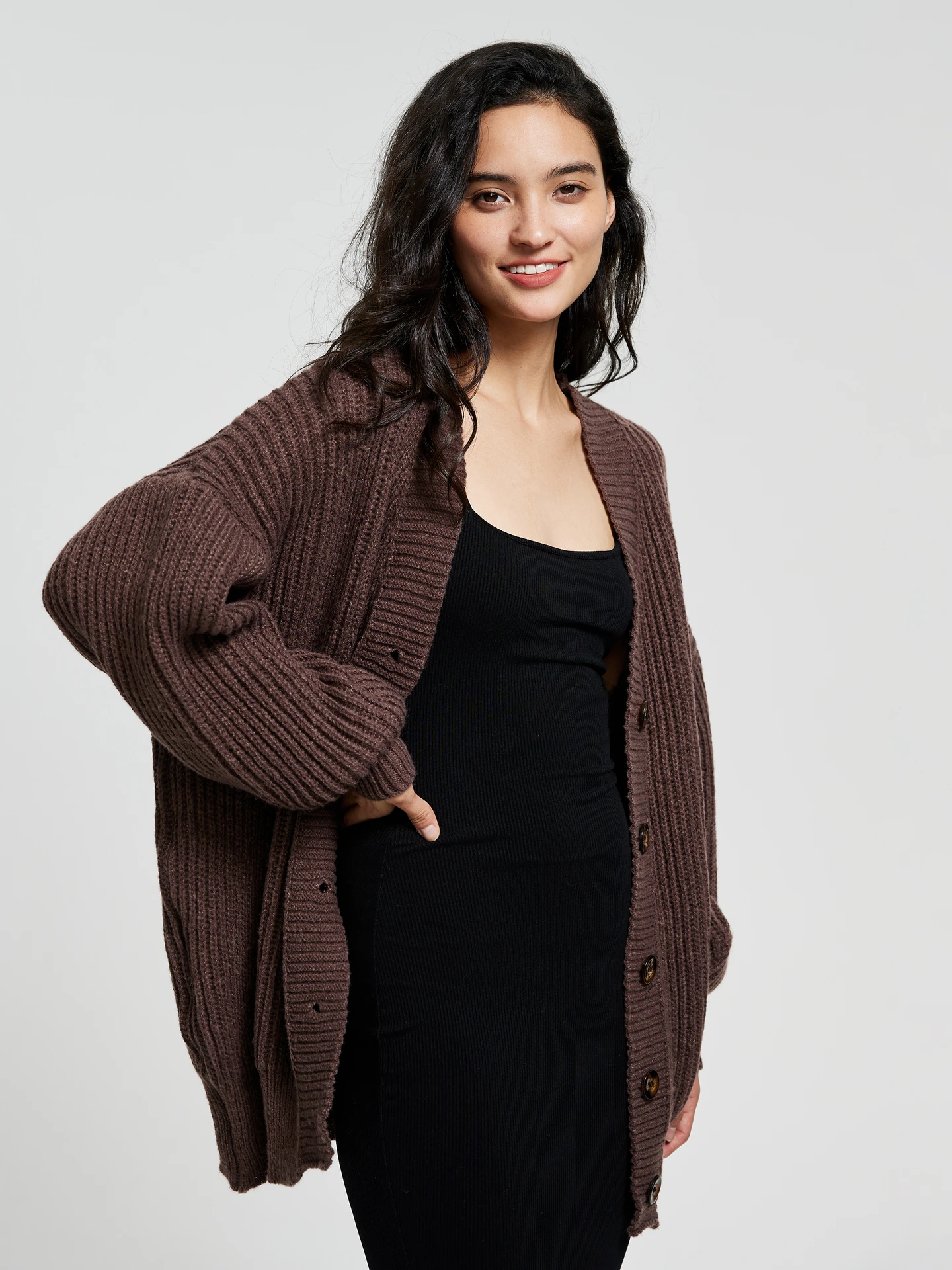 Buttoned Knit Cardigan IN Brown