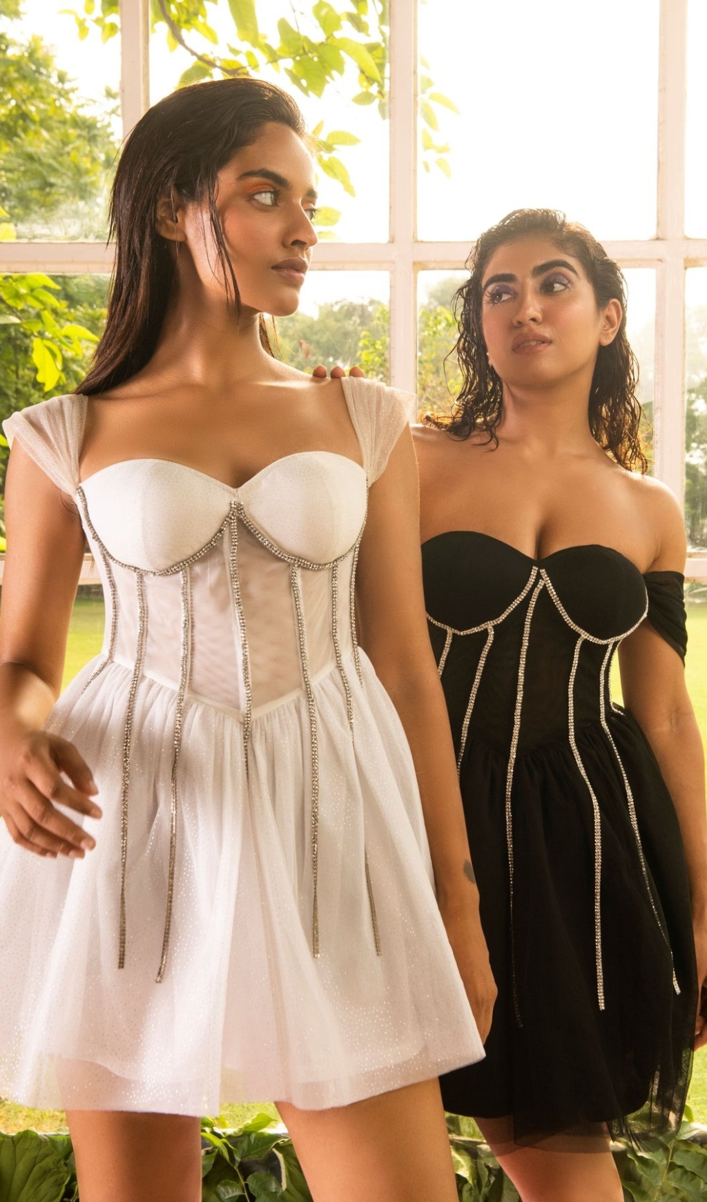 WHITE RHINESTONE EMBROIDERED CORSET DRESS