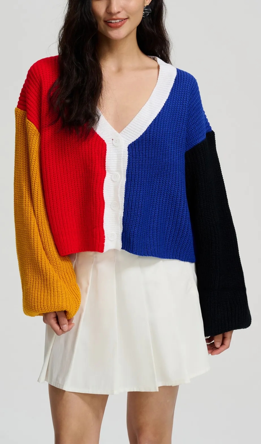 Buttoned Knit Cardigan in Blue-Red