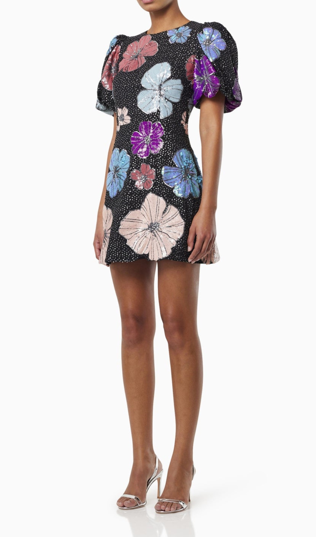 EMBELLISHED PUFF SLEEVE FLOWER MINI DRESS