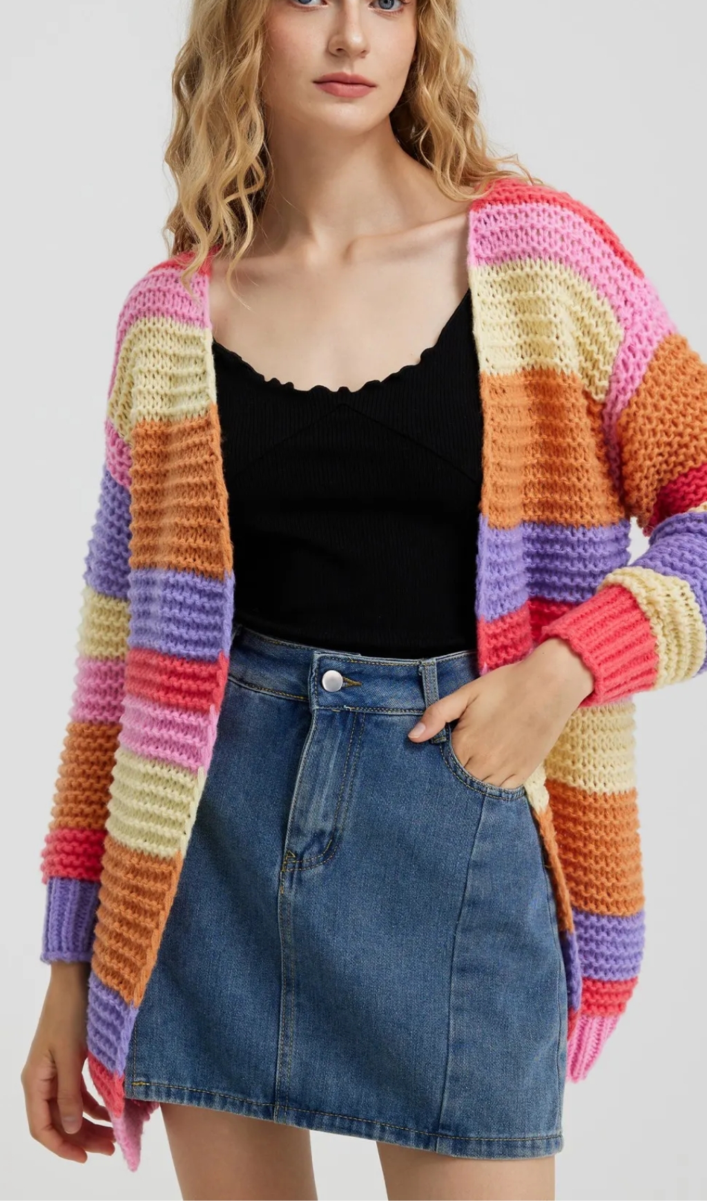 Rainbow Striped Crochet Cardigan in Multicolor