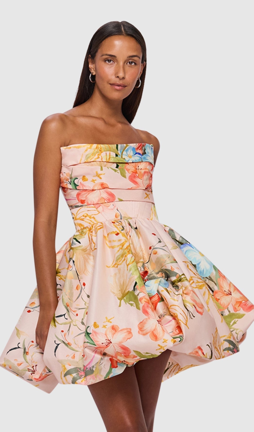 STRAPLESS FLOWER PRITED MINI DRESS