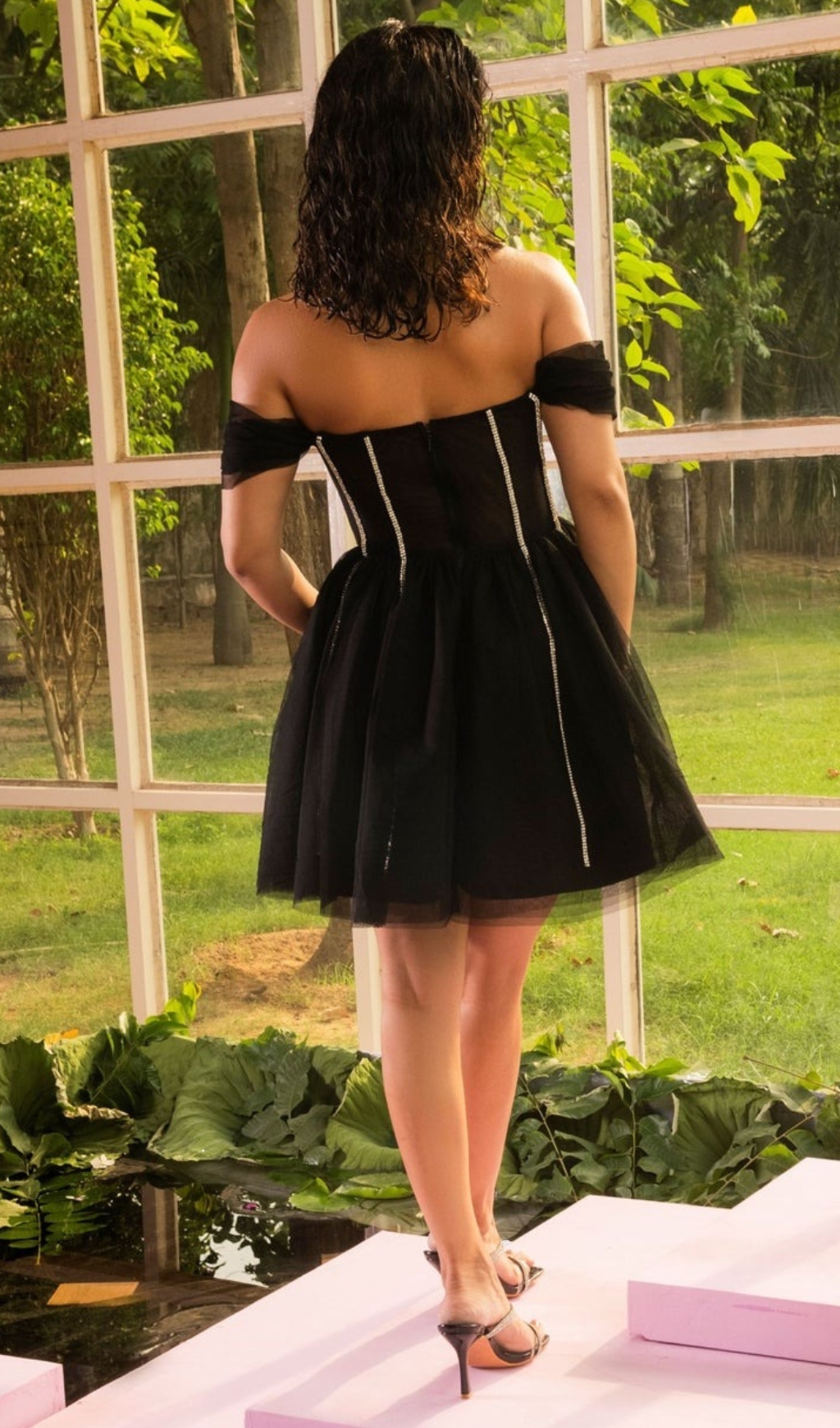 BLACK RHINESTONE EMBROIDERED CORSET DRESS